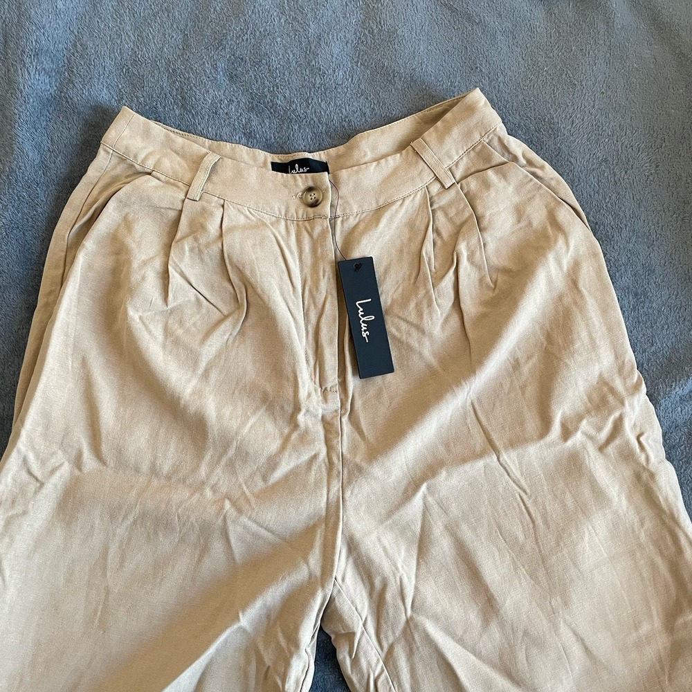 Lulus Tan Linen Blend Wide Leg Pleated Trousers High Waisted Pants Small NWT - Picture 4 of 11